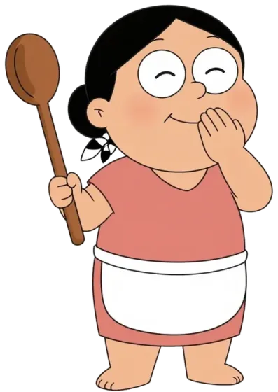 Cô Ba cười, tay cầm vá