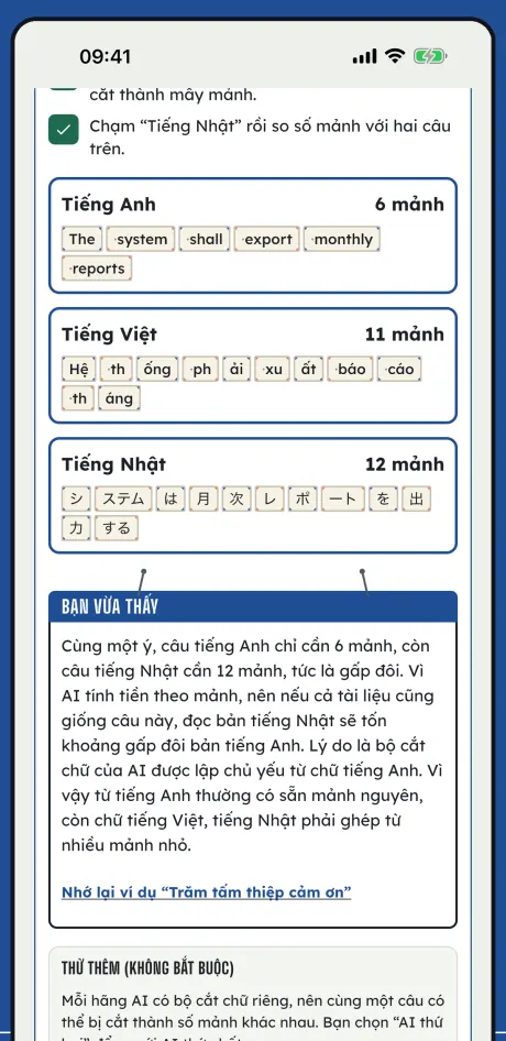 Bài thực hành: các câu tiếng Anh, tiếng Việt và tiếng Nhật được cắt thành mảnh, kèm khung Bạn vừa thấy